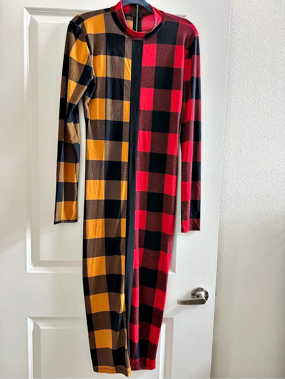 Plaid Long Sleeve Maxi Dress in Red & Yellow